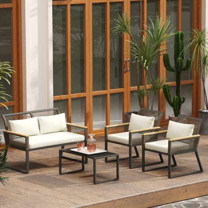 Outsunny Four Piece Wicker Rope Garden Furniture Set with Glass Top Coffee Table - Grey 