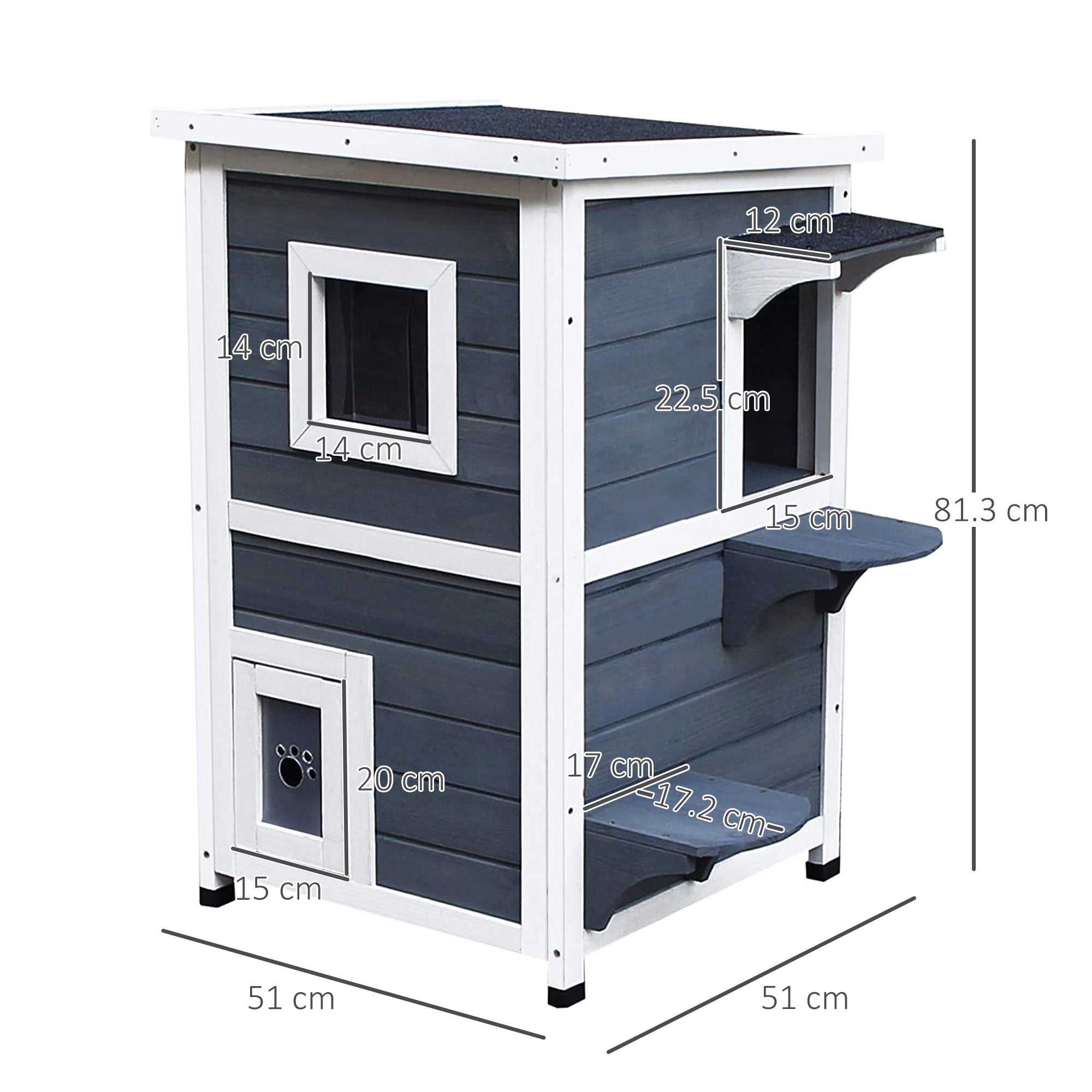 PawHut Wooden Cat House 2-Floor Outdoor Kitten Shelter with Window Grey 