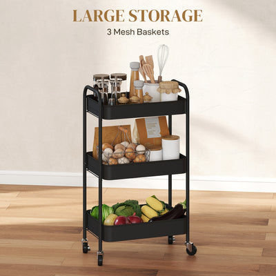 HOMCOM Three-Tier Steel Storage Trolley - Black 