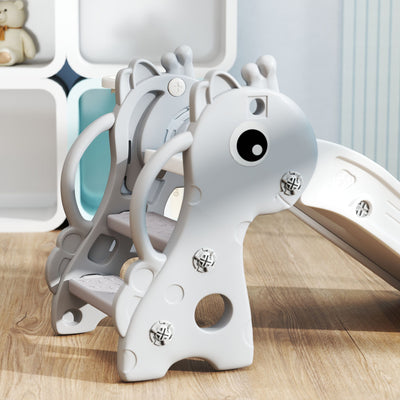 AIYAPLAY 3 in 1 Kids Slide with Climber, Basketball Hoop and Ball, Giraffe Shape Climber Slide for Indoor Kids Age 1-3, Grey 