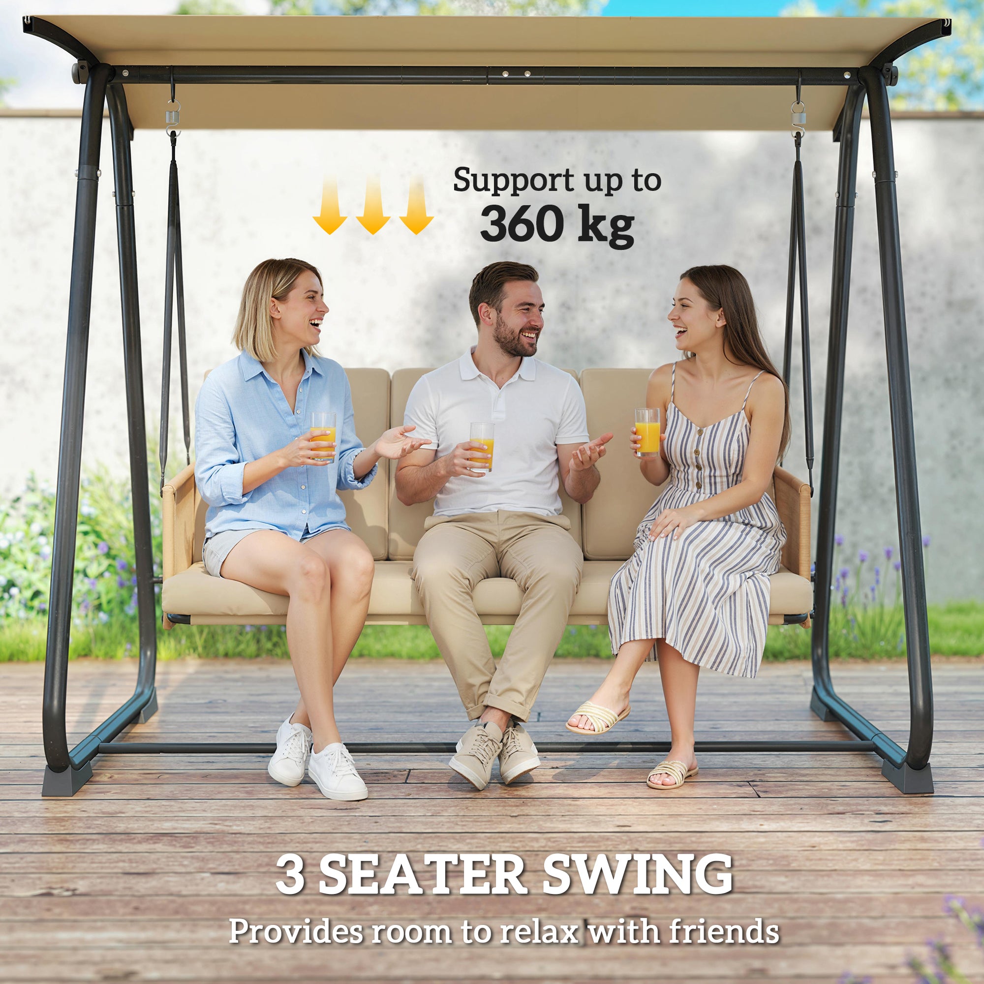Outsunny 3 Seater Swing Chair with Adjustable Canopy, 360 kg Garden Swing Seat Outdoor Hammock Bench with Cushions, Sand Brown 