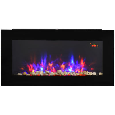 HOMCOM LED Wall Mounted Fireplace Curved Glass Electric Fire Place for Living Room, 1000W/2000W, 48H x 90.8W x 11.5Dcm, Black 
