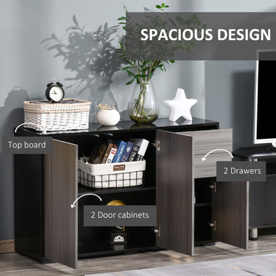 HOMCOM High Gloss Side Cabinet, Push-Open Design with 2 Drawers and 2 Cabinets for Living Room, 74H x 117W x 36Dcm, Light Grey and Black 
