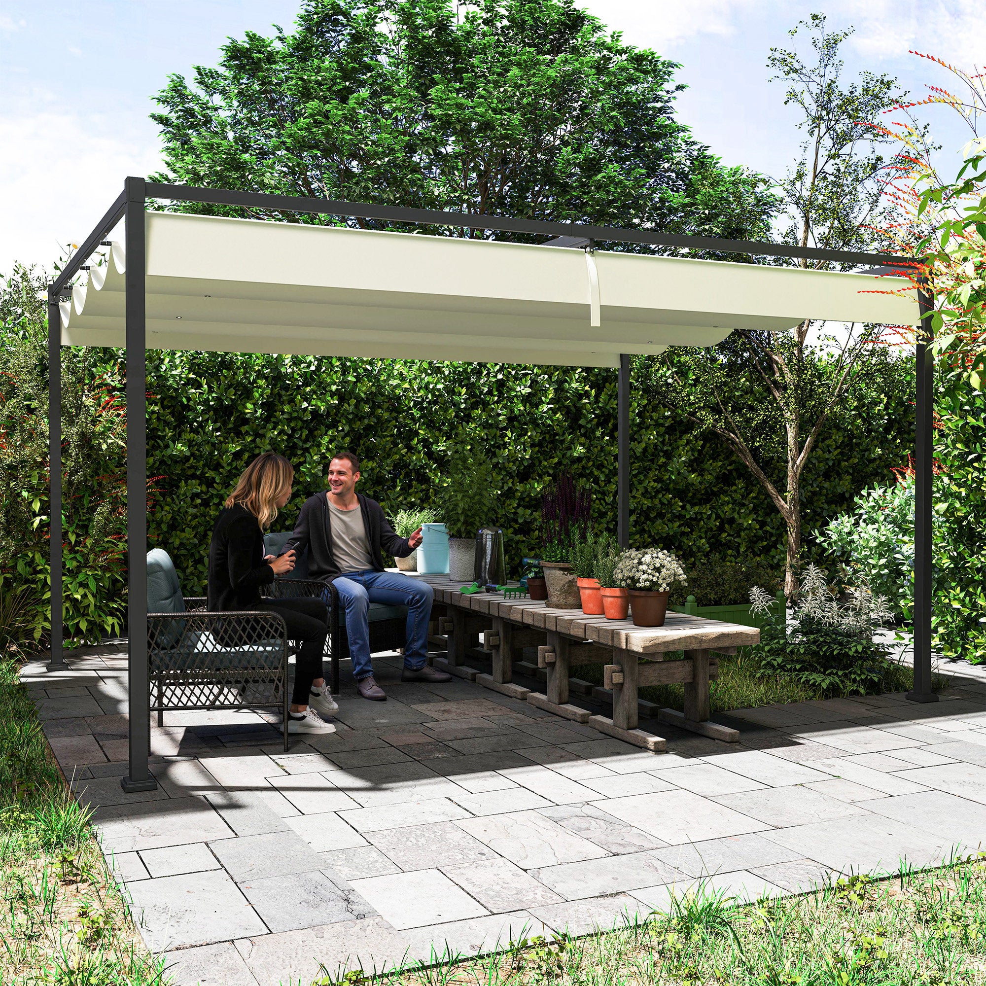 Outsunny 4 x 3(m) Metal Pergola with Retractable Roof, Garden Gazebo Canopy Shelter for Outdoor, Patio, Cream White 