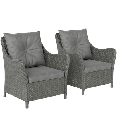 Outsunny Rattan Garden Chairs Set of 2, Outdoor Rattan Chairs with Cushions, Armrests and High Back, PE Wicker Garden Armchair with Steel Frame for Balcony, Porch, Dark Grey 