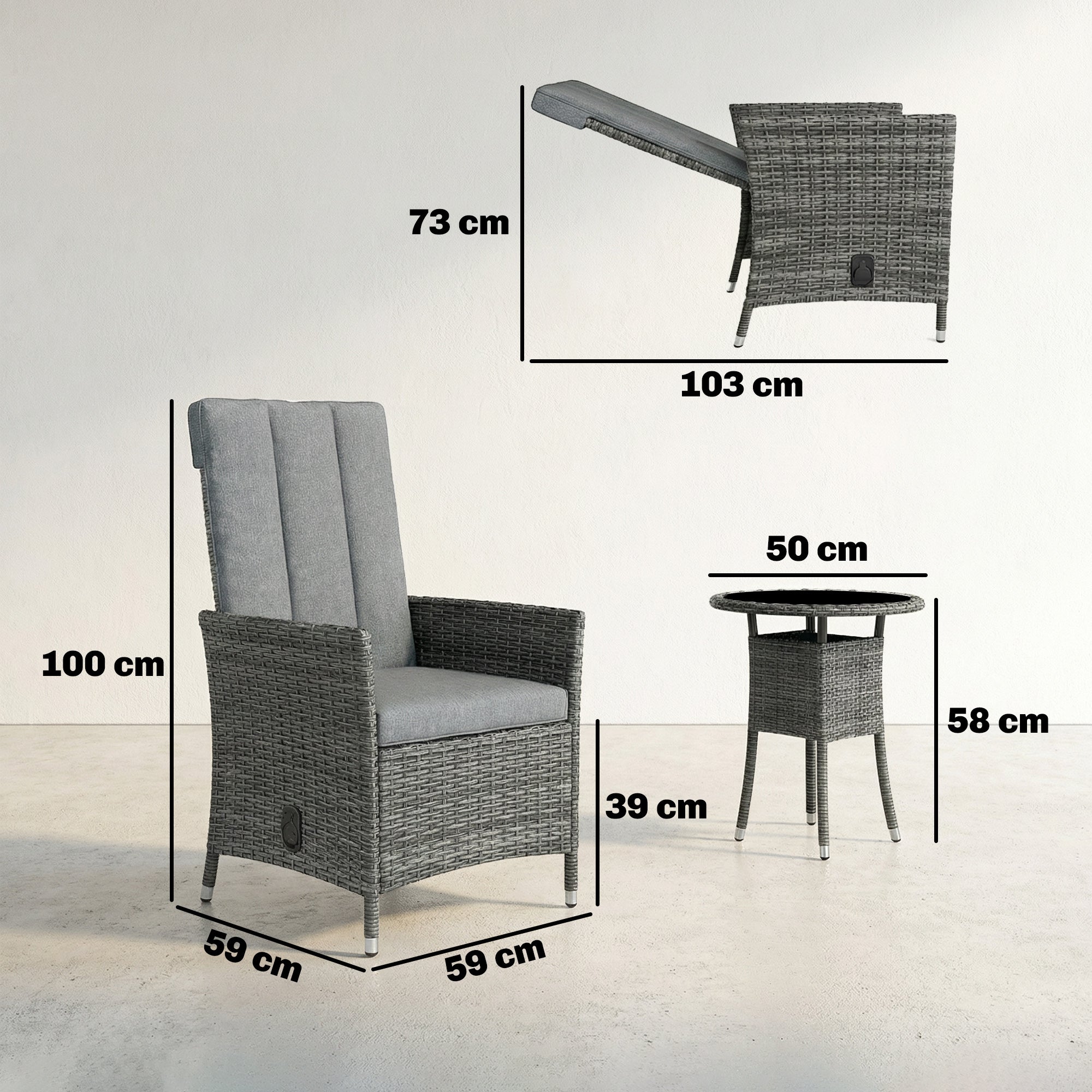 Outsunny Rattan Bistro Set, Reclining Garden Chairs and Glass Coffee Table with Cushions for Patio Balcony Porch, Grey 