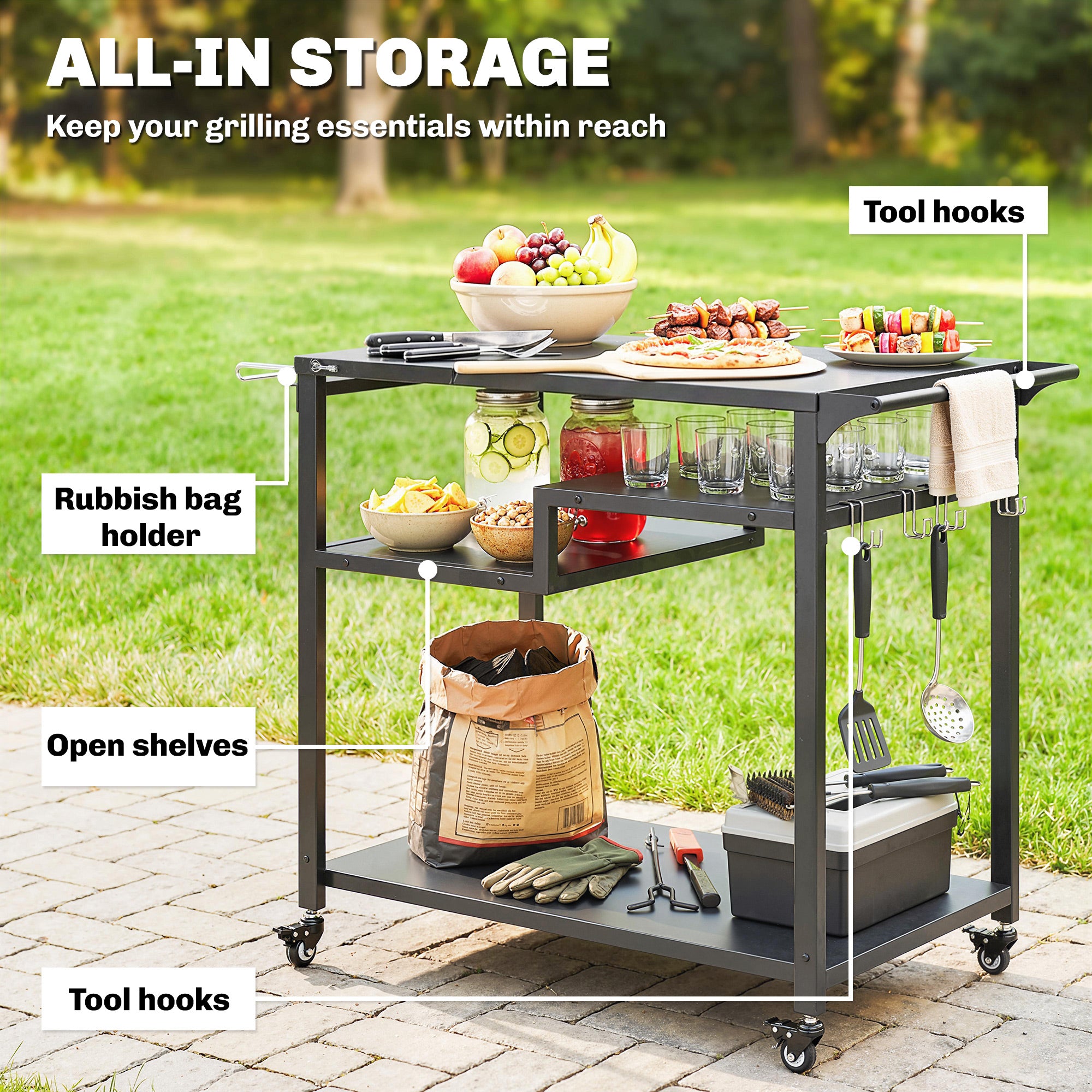 Outsunny Outdoor Grill Cart, Three-Tier Pizza Oven Stand  with Steel Tabletop, Hooks, Rubbish Bag Holder, Wheels, Black 