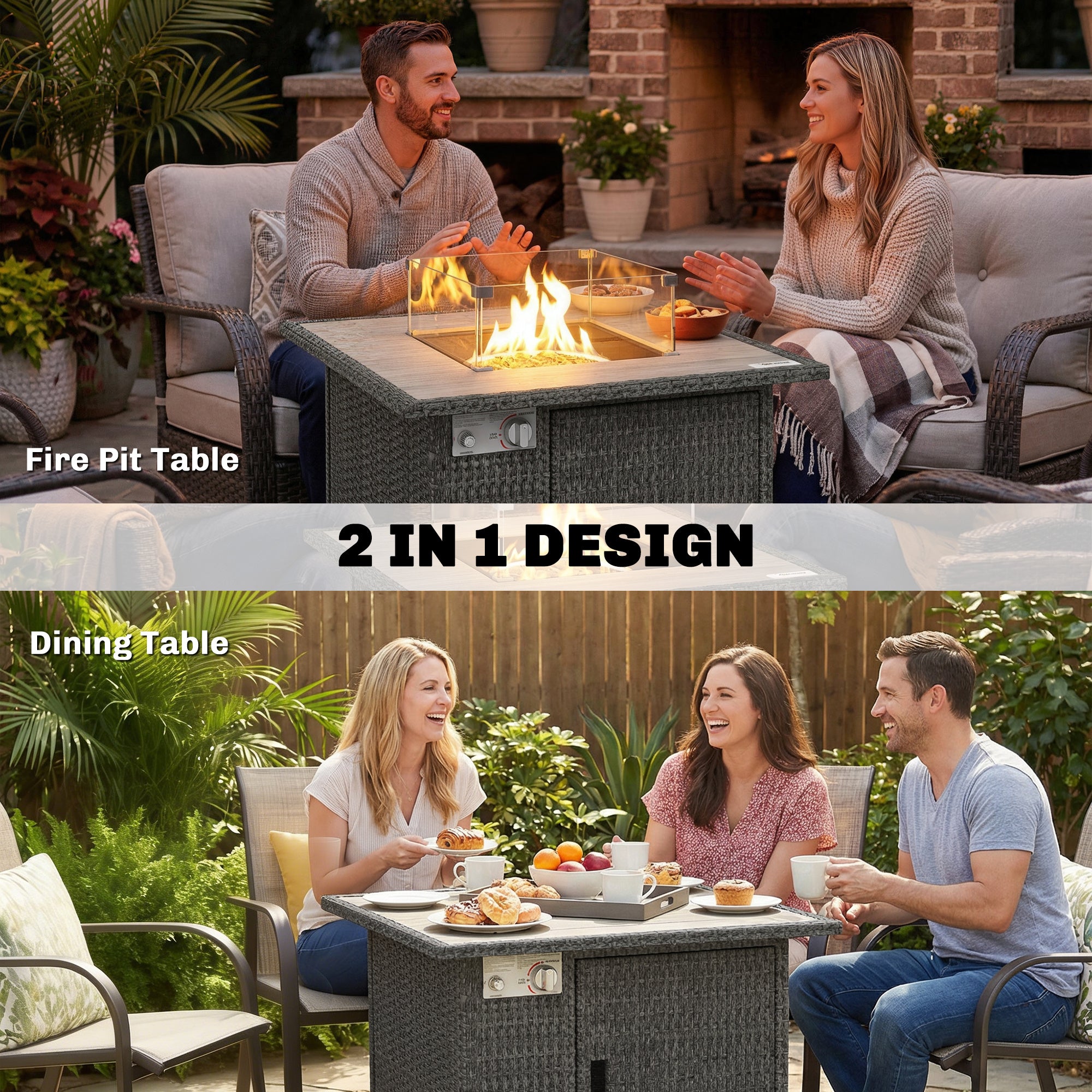 Outsunny 14.5 KW Rattan Gas Fire Pit Dining Table with Rain Cover, Wind Guard, Lid, Lava Rocks, Dark Grey 