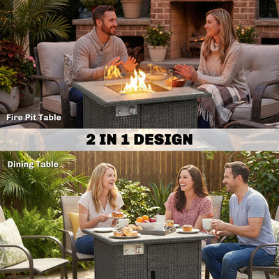 Outsunny 14.5 KW Rattan Gas Fire Pit Dining Table with Rain Cover, Wind Guard, Lid, Lava Rocks, Dark Grey 