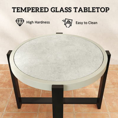 Outsunny Round Small Garden Table, 60cm Outdoor Side Table with Faux Marble Tempered Glass Top, Aluminium Frame for Garden, Patio, Balcony, Light Grey 