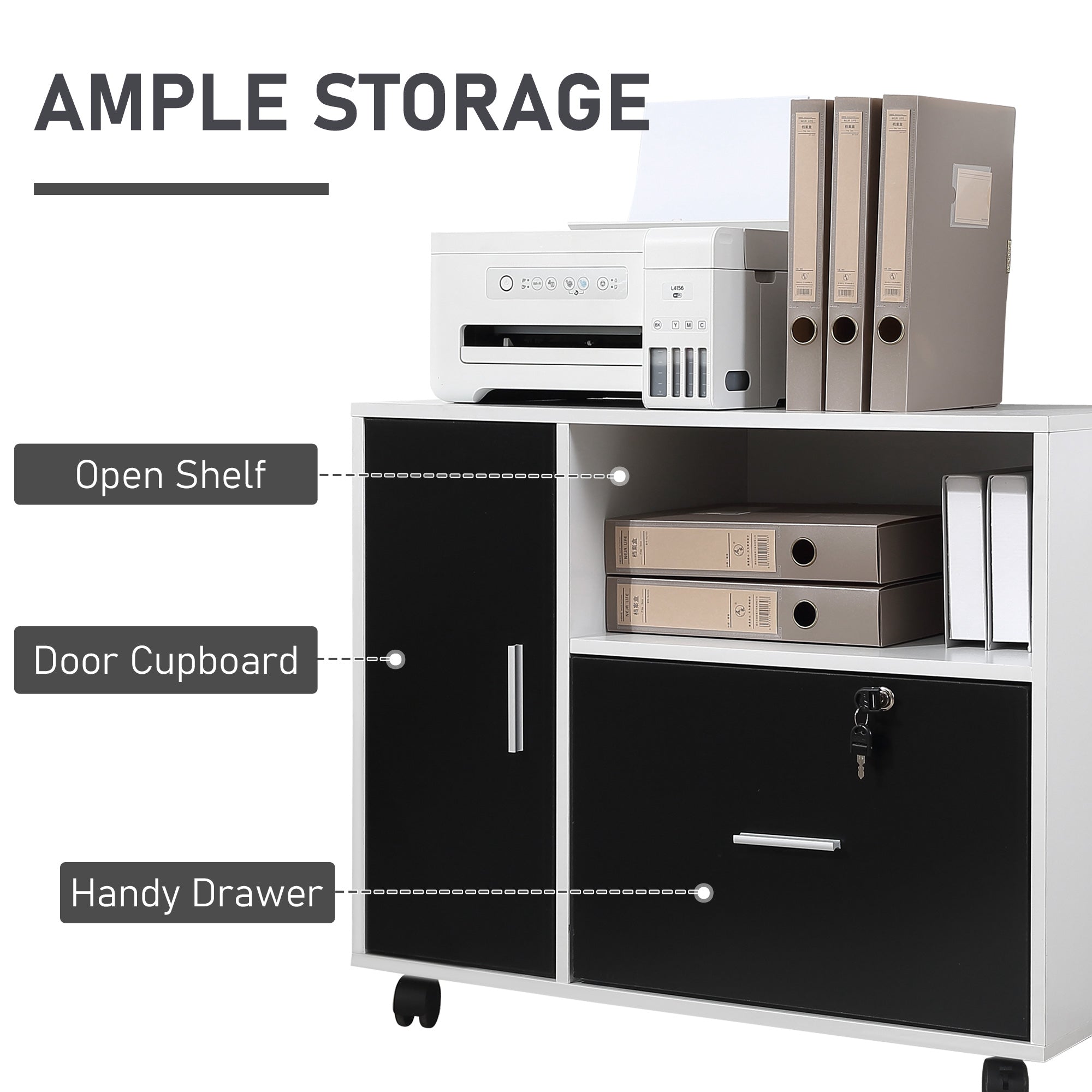 HOMCOM Multi-Compartment Office Storage Cabinet, with File Hangers - Black/White 
