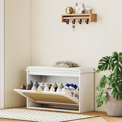 HOMCOM Boho Shoe Bench with Padded Seat and Flip-Drawer - White 