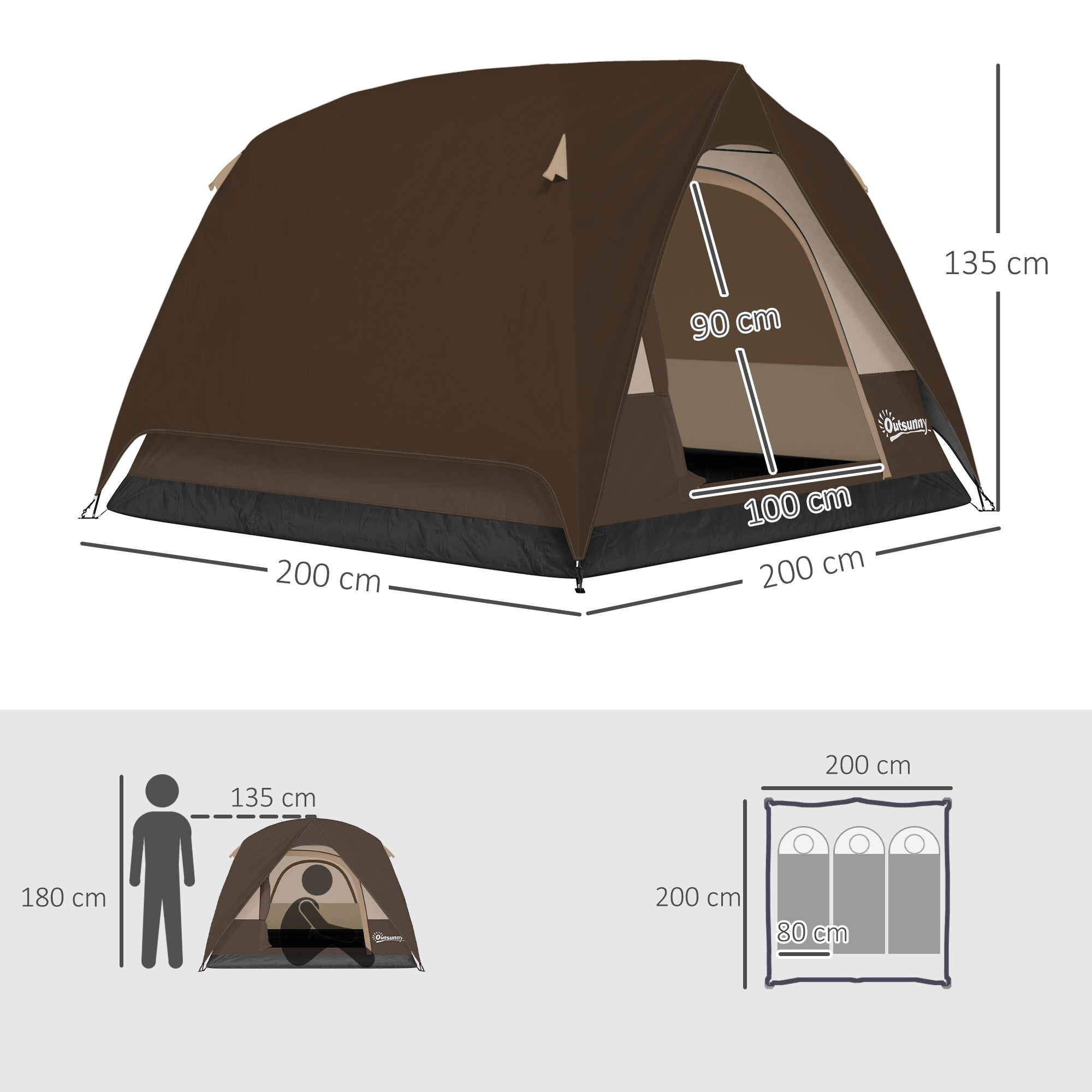 Outsunny 3-4 Person Camping Tent, Easy Set Up 3-4 Man Tent w/ Sewn-in Groundsheet, Waterproof Dome Tent w/ Mesh Windows, Brown 