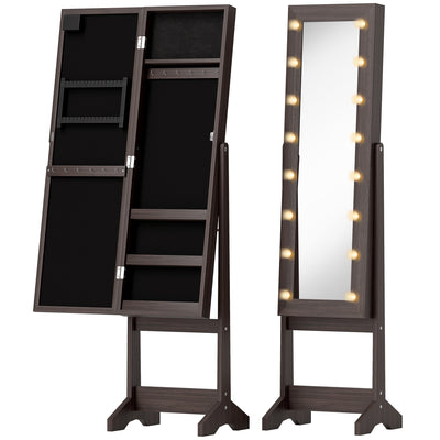 HOMCOM Free Standing Mirror Jewelry Cabinet with LED Lights, Jewellery Organiser with 3 Angle Adjustable, Full-Length Mirror with Storage for Earrings, Necklaces, Rings and Lipsticks, Dark Brown 