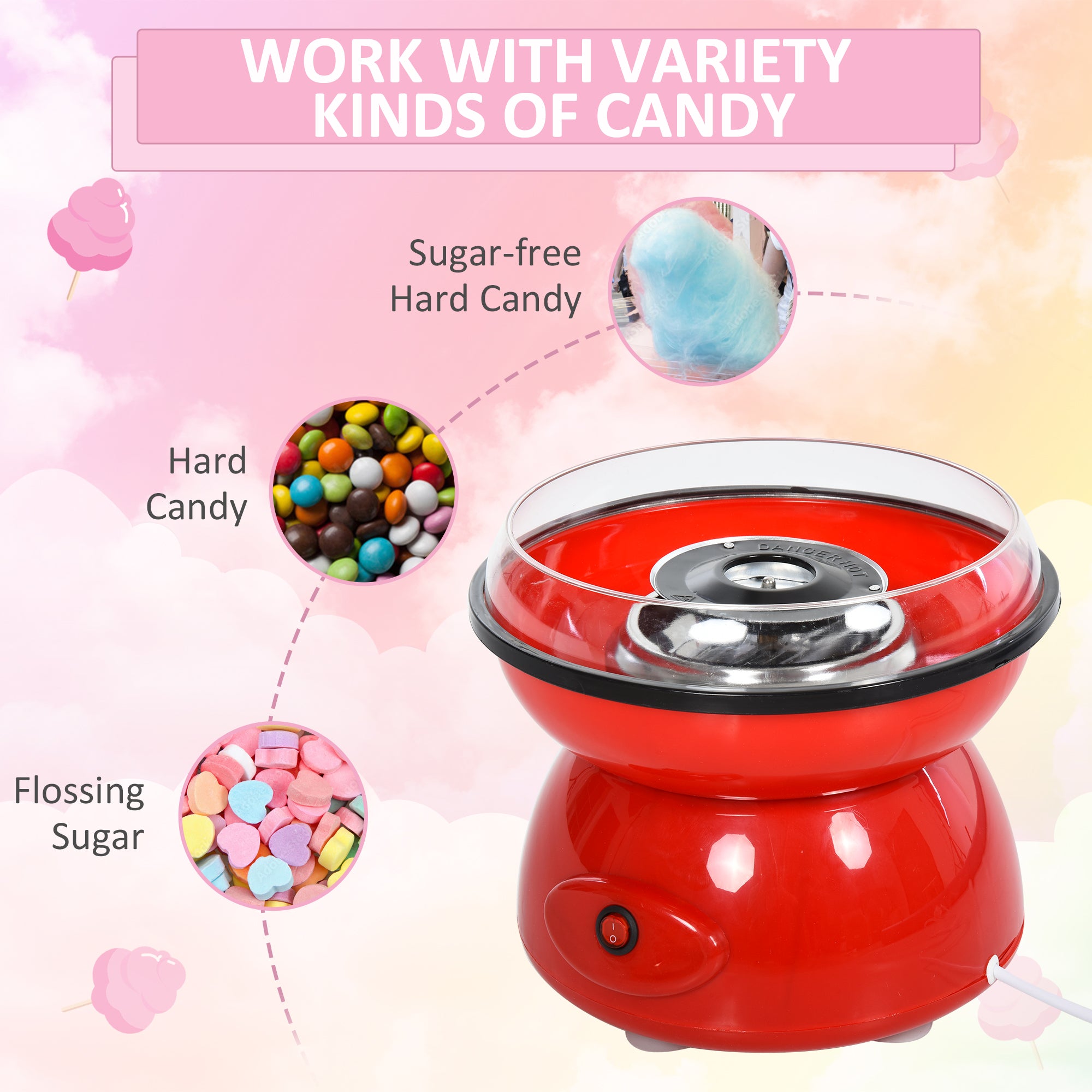 HOMCOM 450W Electric Candyfloss Machine Kit Non-Stick Plates Fairground Fun Children Adult Party Gift Home Sweet Metal Body w/ Accessories Red 