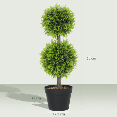 HOMCOM Set of 2 Decorative Artificial Plants, 60cm Faux Topiary Cypress Ball Trees with Plastic Pot and Pebbles, Fake Plants for Home Office Decor, Green 