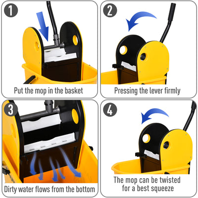 HOMCOM 25L Mop Bucket, with Wringer, Wheels and Handle - Yellow 