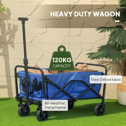 Outsunny 62L Festival Trolley on Wheels, Garden Folding Trolley Cart, 120kg Heavy Duty Collapsible Folding Wagon with Adjustable Handle and Carrying Bag for Beach, Camping, Festival, Blue