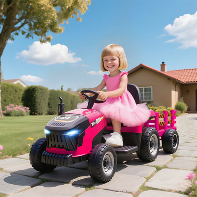 AIYAPLAY 12V Ride on Tractor and Trailer with Remote Control, Music, Shifter, Start-Up Sound, for Kids Ages 3-8 Years, Pink 