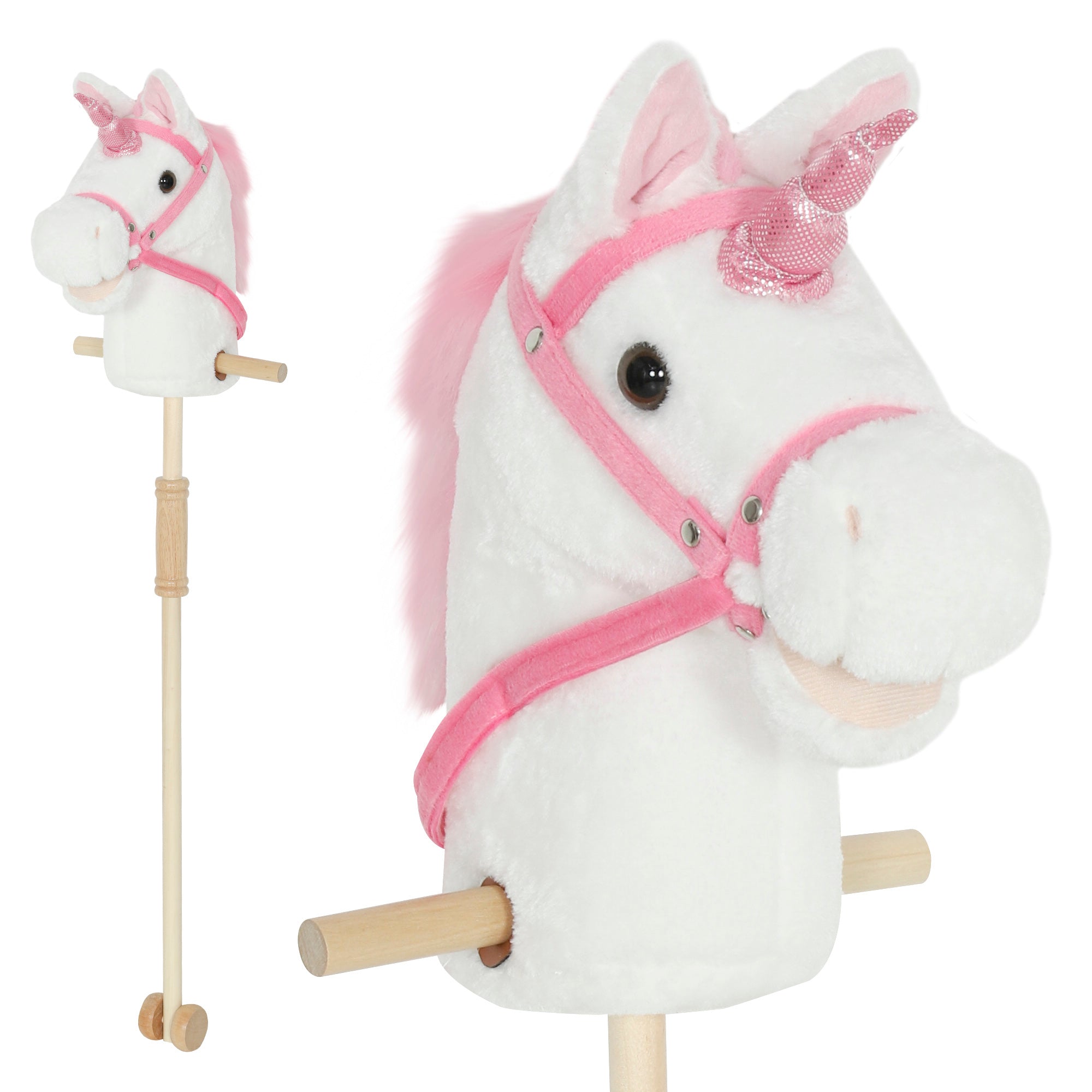 AIYAPLAY Unicorn Stick Horse with Wood Wheels, Real Pony Neighing and Galloping Sounds, Grip Handle, 95 cm, White 