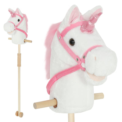 AIYAPLAY Unicorn Stick Horse with Wood Wheels, Real Pony Neighing and Galloping Sounds, Grip Handle, 95 cm, White 