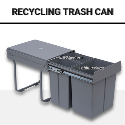 HOMCOM Kitchen Recycle Waste Bin Pull Out Soft Close Dustbin Recycling Cabinet Trash Can Grey (40L (1x20L+2x10L)) 
