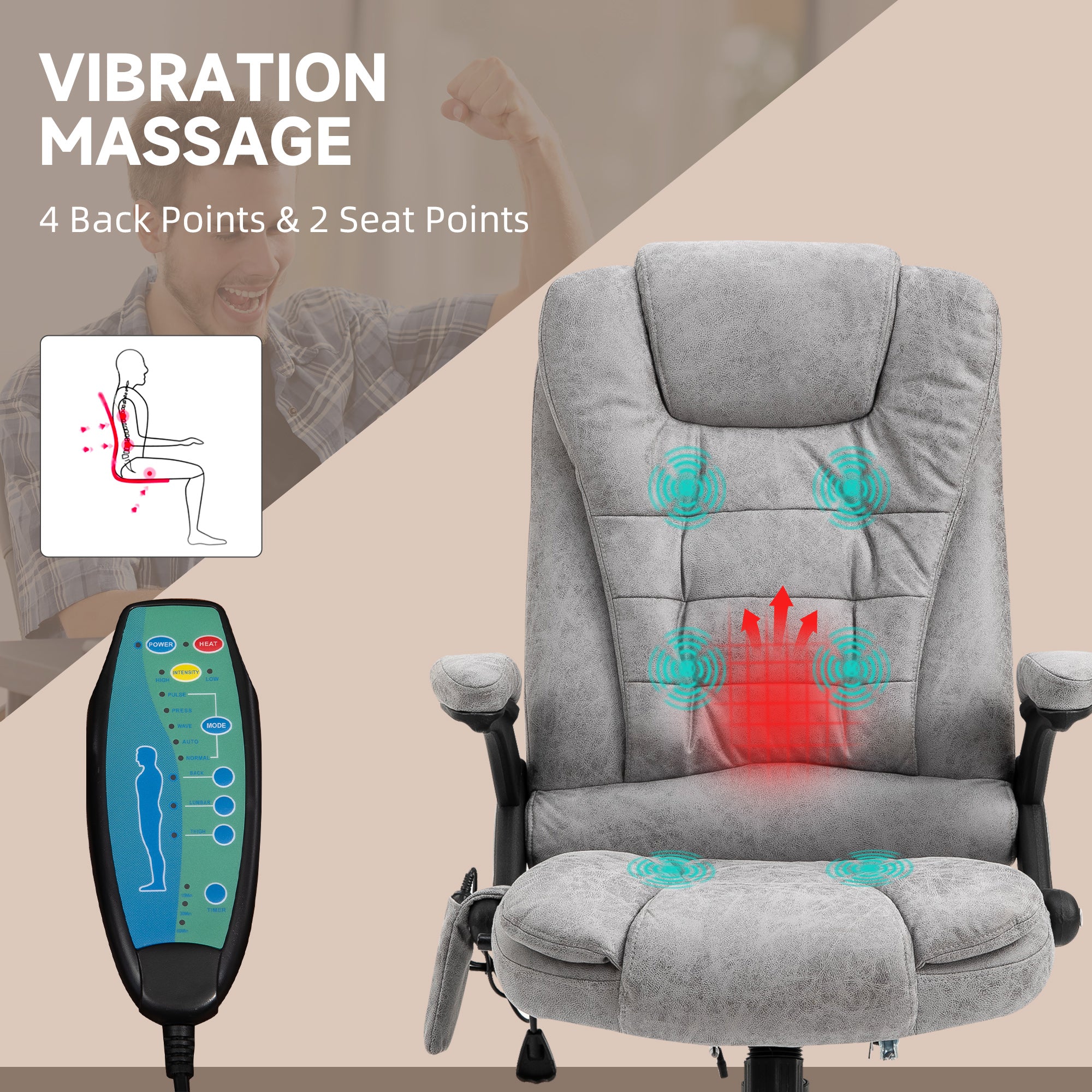 Vinsetto Massage Recliner Chair Heated Office Chair with Six Massage Points Microfiber Cloth 360\'c2\'b0 Swivel Wheels Grey