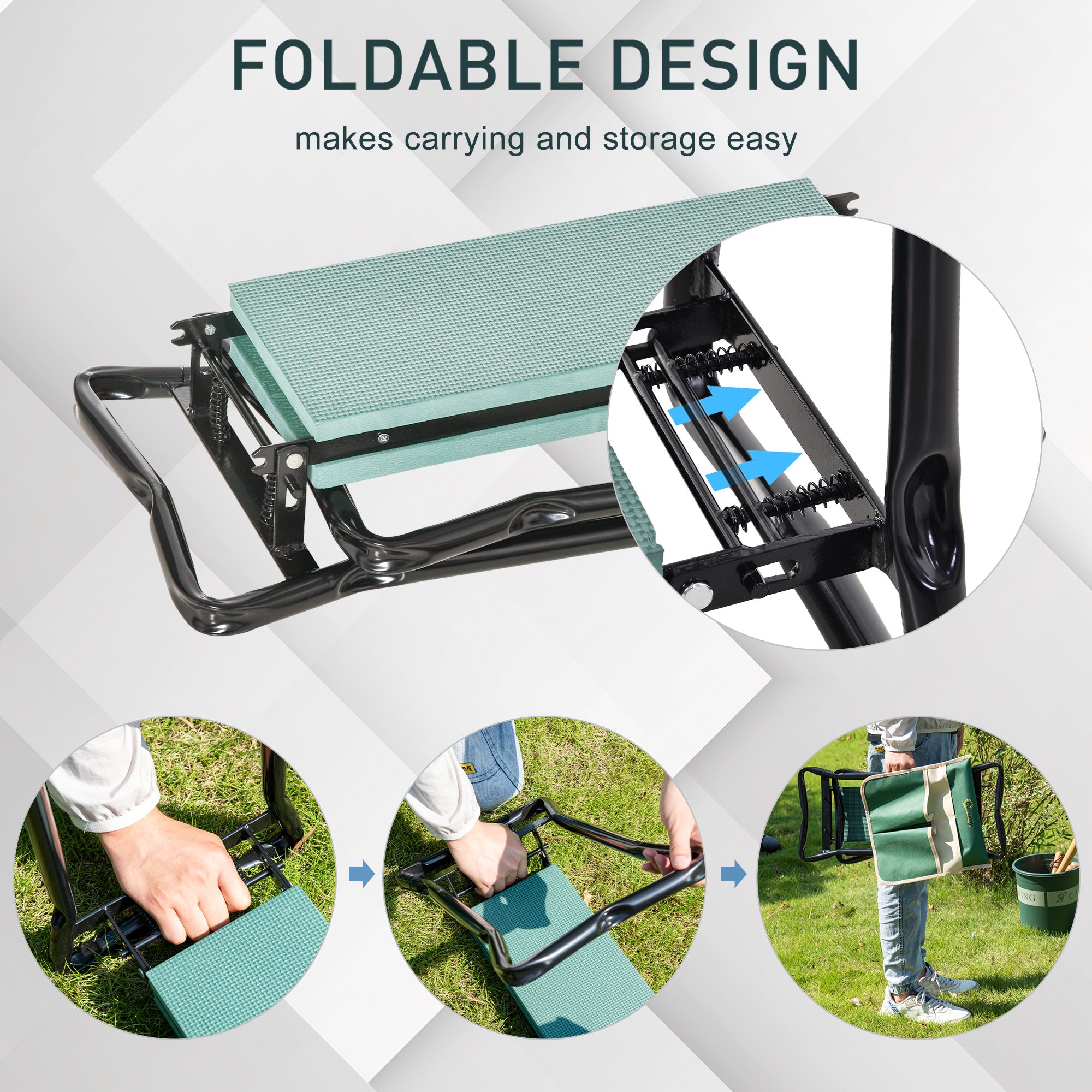 Outsunny Steel Frame Padded Garden Kneeler, with Tool Bag - Green 