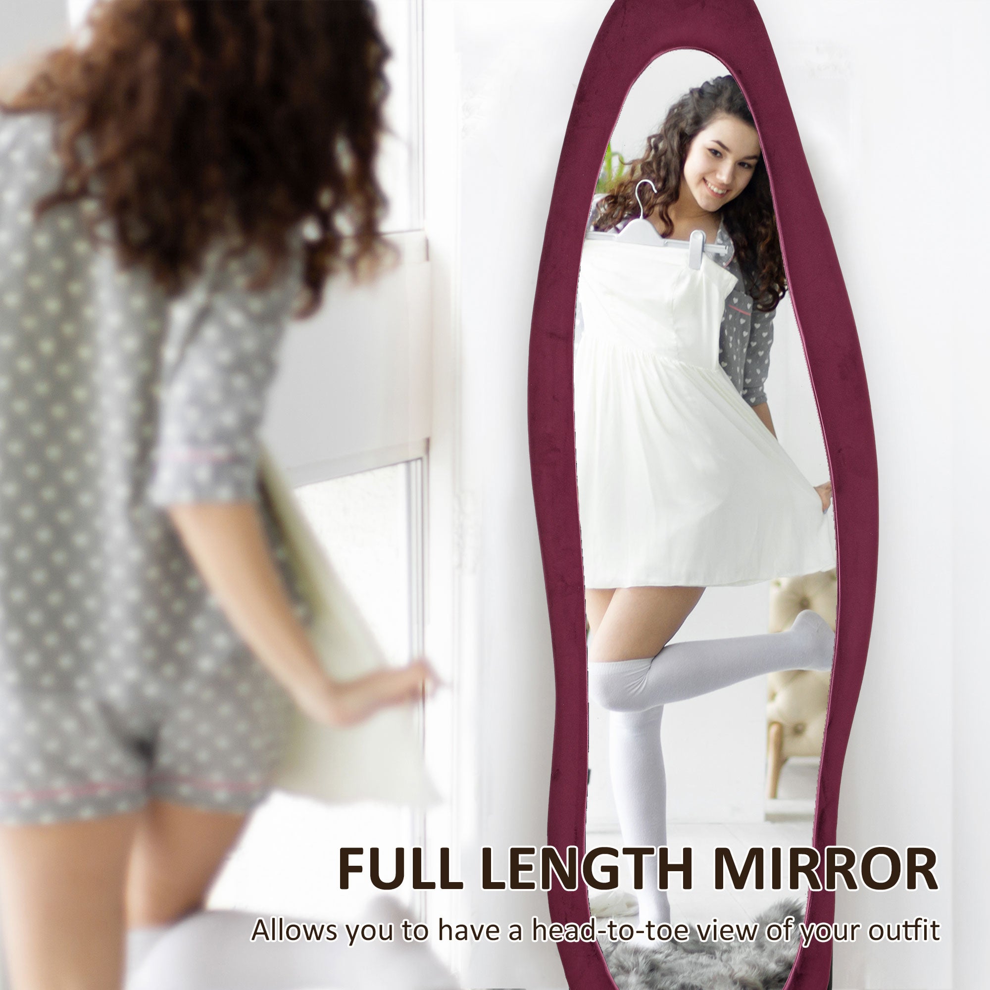 HOMCOM Wavy Velvet-Feel Full Length Mirror - Wine Red 