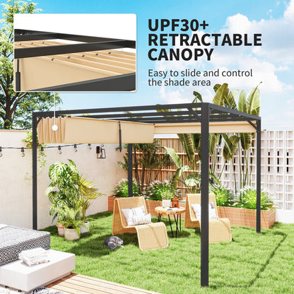 Outsunny 3 x 3m Aluminium Pergola, with Retractable Roof and Wall - Khaki 