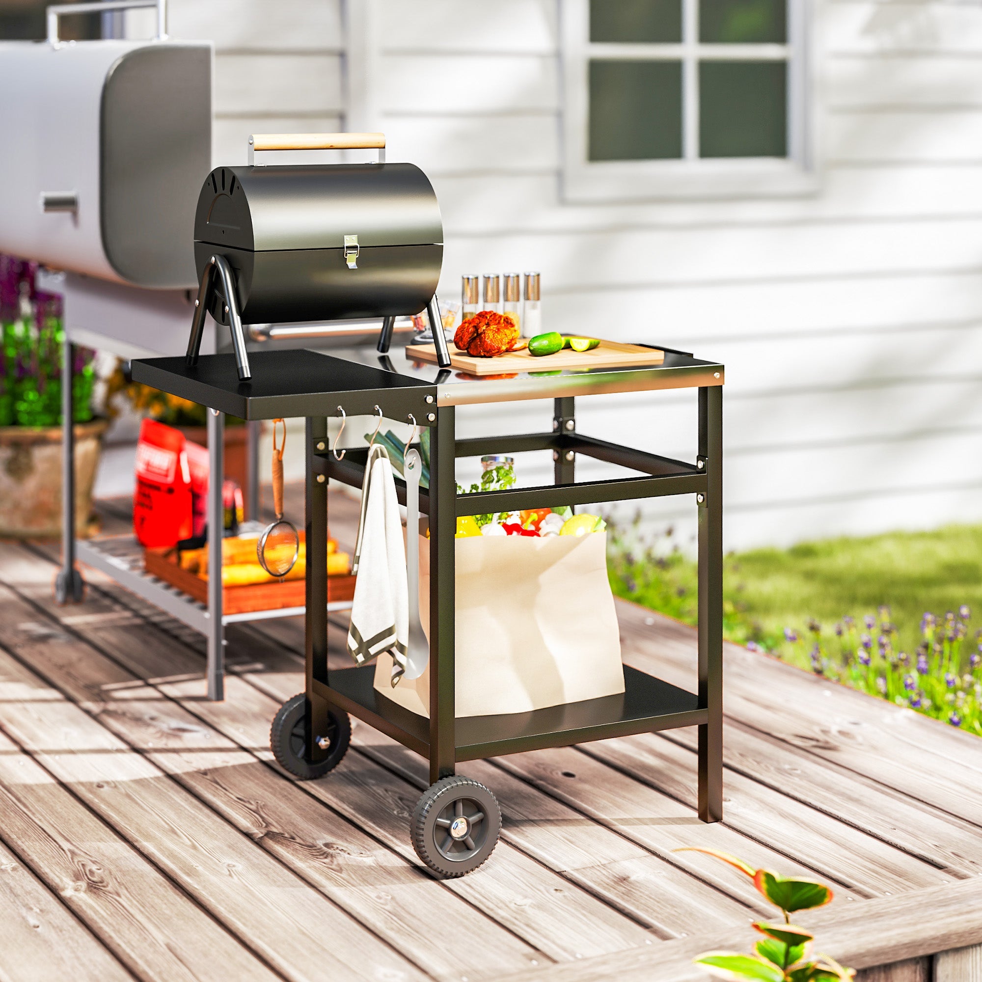 Outsunny BBQ Trolley with Stainless Steel Top and Foldable Side Table, Outdoor Kitchen BBQ Station with Hooks and Shelf, Pizza Oven Table Movable Outdoor Grill Dining Cart with Cover, Black 
