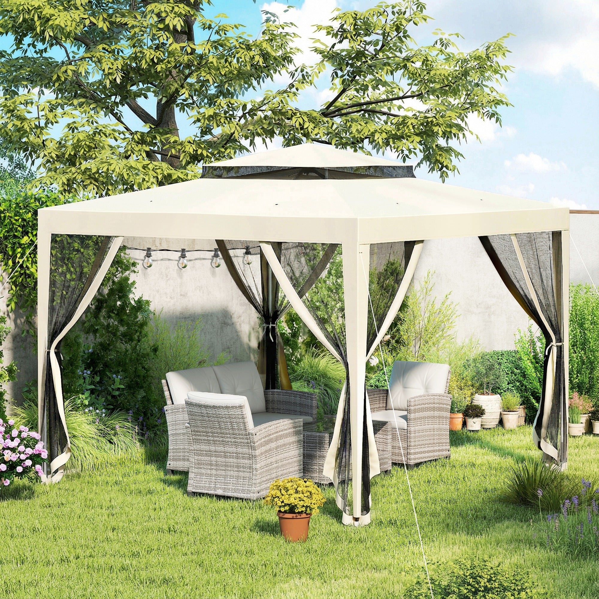Outsunny 3 x 3 m Gazebo, Netting Party Tent, Patio Canopy Outdoor Event Shelter with Double Tier Roof, Beige 