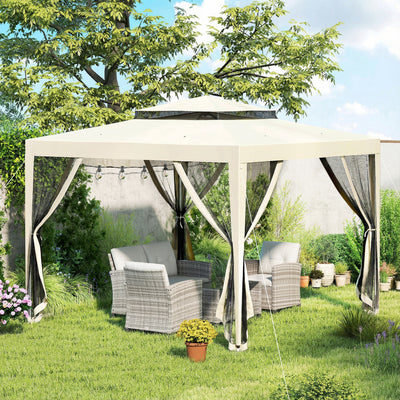 Outsunny 3 x 3 m Gazebo, Netting Party Tent, Patio Canopy Outdoor Event Shelter with Double Tier Roof, Beige 