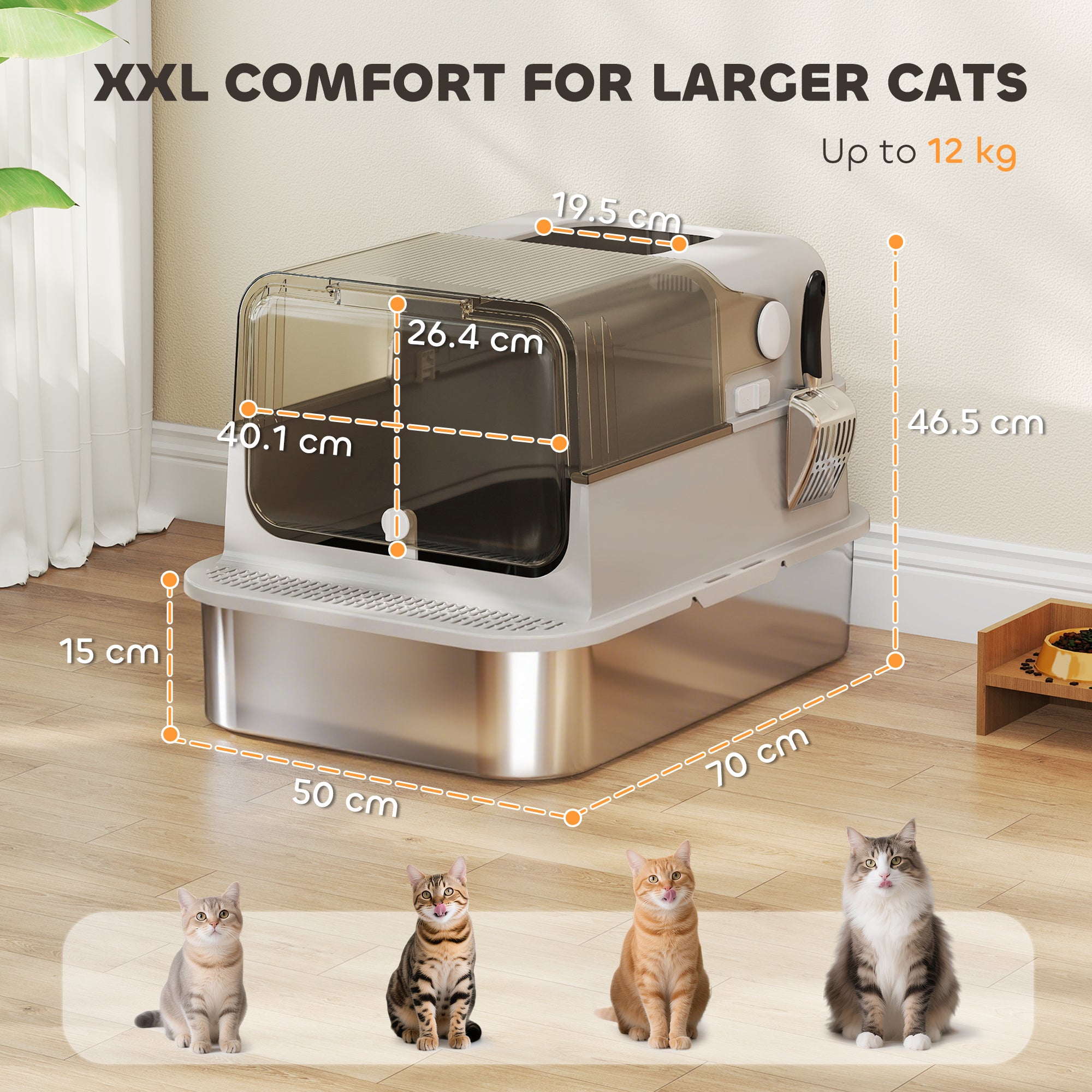 PawHut XXL Stainless Steel Cat Litter Tray, Enclosed Cat Litter Box with 90° Flip Cover, Double Doors, Scoop, Easy Clean, Grey 