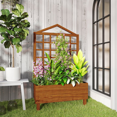 Outsunny Garden Planters with Trellis for Vine Climbing, Distressed Wooden Raised Beds, 90x43x150cm, Brown 