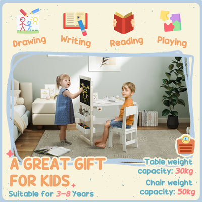 AIYAPLAY 3 in 1 Kids Table and Chair Set with Storage, Whiteboard, Blackboard & Roll Paper for 3-8 Years, White 