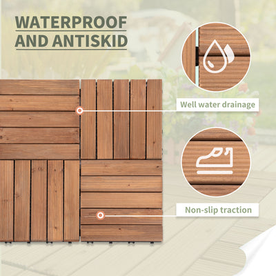 Outsunny 27 Pcs Solid Wood Interlocking Decking Tiles For Patio, Balcony, Roof Terrace, Hot Tub, Brown, (30 x 30 cm Per Piece) 