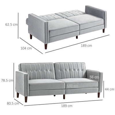 HOMCOM Modern Convertible Sofa Futon Velvet-Touch Tufted Couch Compact Loveseat with Adjustable Split Back, Light Grey 
