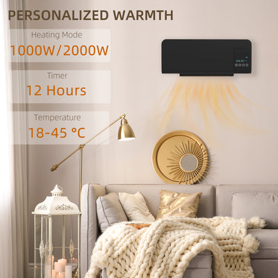 HOMCOM 2kW Wall-Mounted Heater, 18-45°C Temperature - Black
