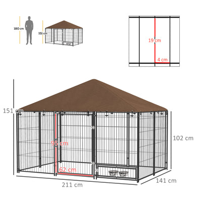 PawHut Outdoor Dog Kennel Puppy Play Pen with Canopy Garden Playpen Fence Crate Enclosure Cage Rotating Bowl 211 x 141 x 151 cm 