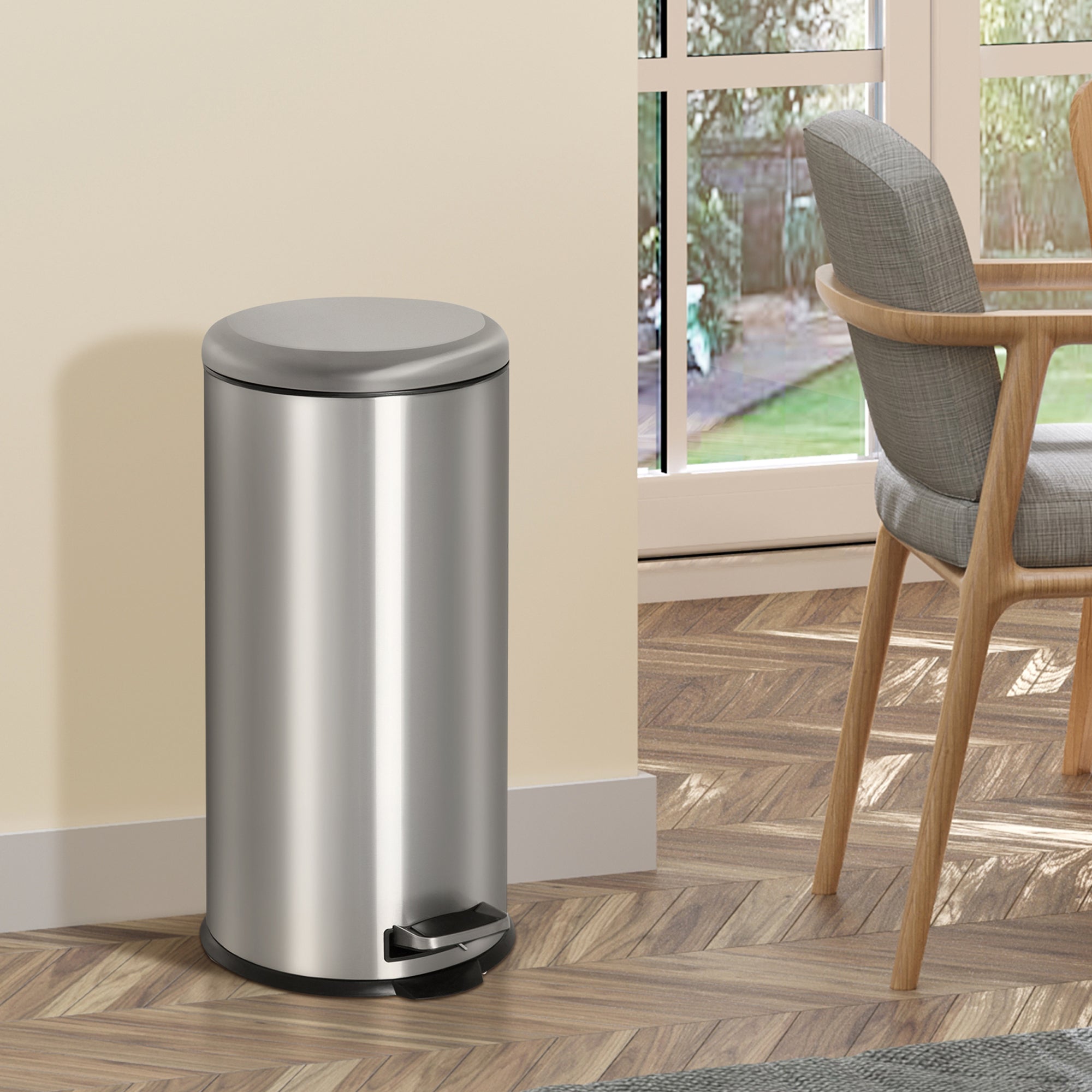 HOMCOM Foot Pedal Bin Stainless Steel Metal Waste Rubbish Lid Kitchen Garbage 30L Silver 