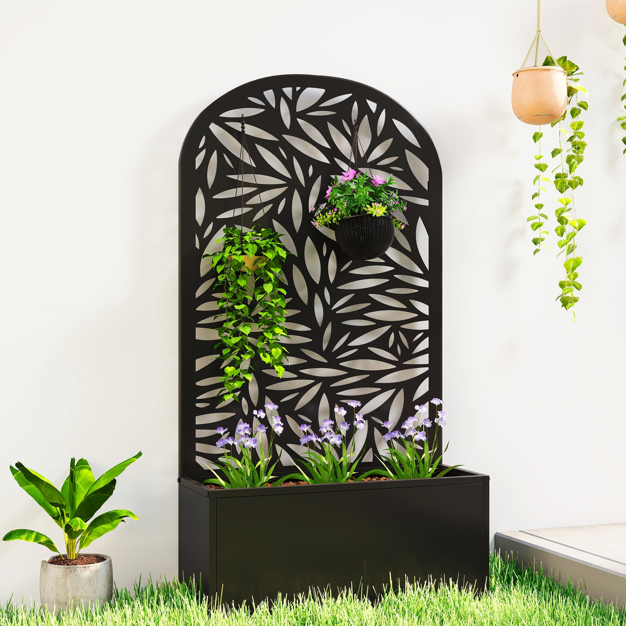 Outsunny Metal Garden Bed for Garden with Trellis, Wall Mounted or Freestanding Raised Planter with Curved Privacy Screen 