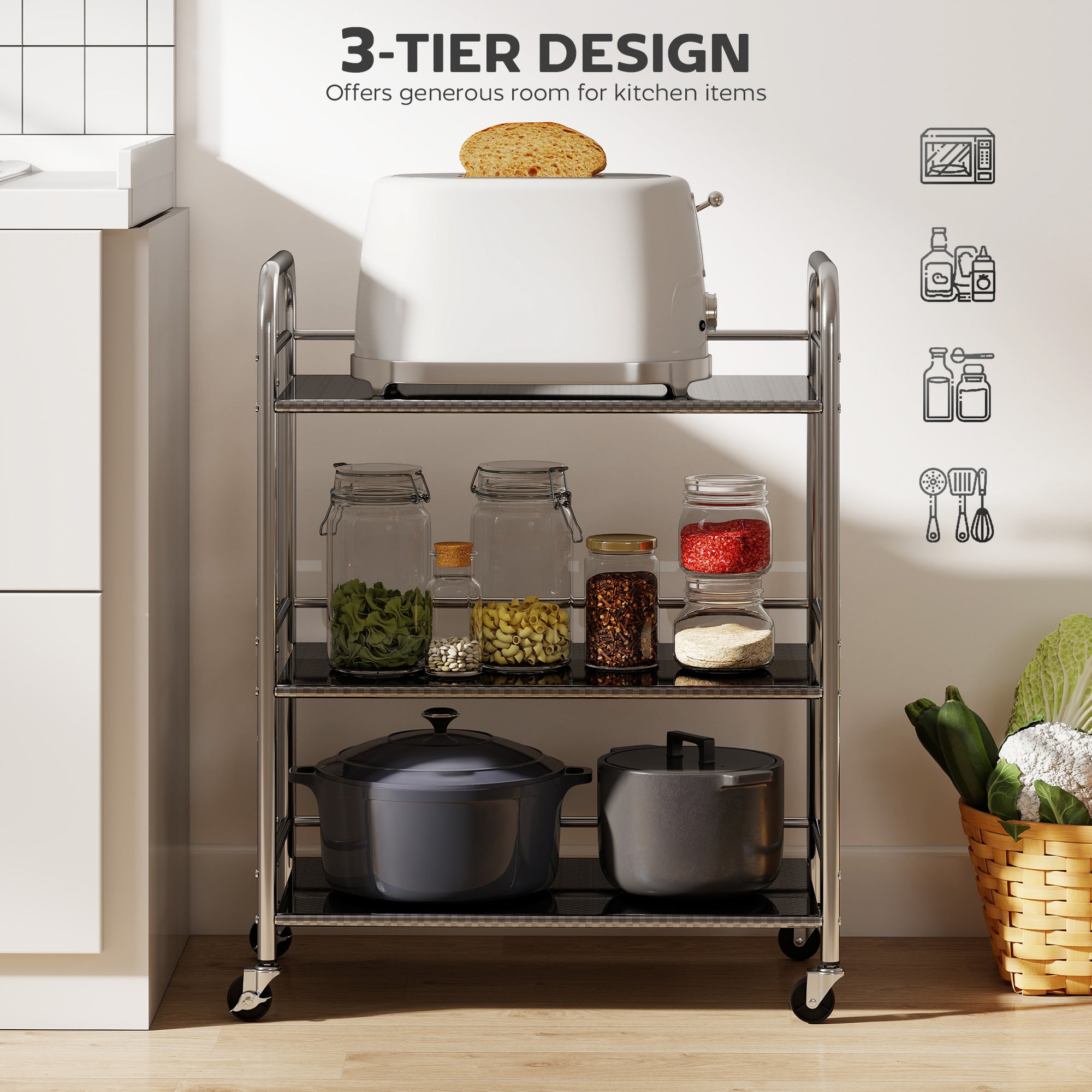 HOMCOM 3 Tier Stainless Steel Kitchen Storage Trolley with Adjustable Shelf - Silver 