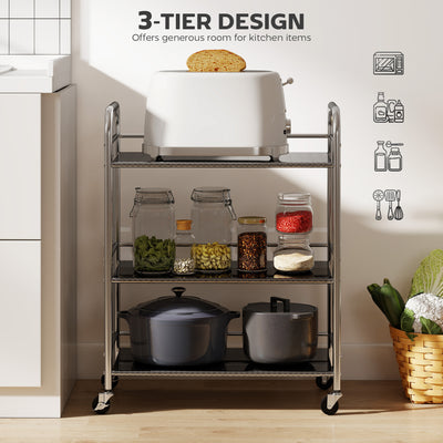 HOMCOM 3 Tier Stainless Steel Kitchen Storage Trolley with Adjustable Shelf - Silver 