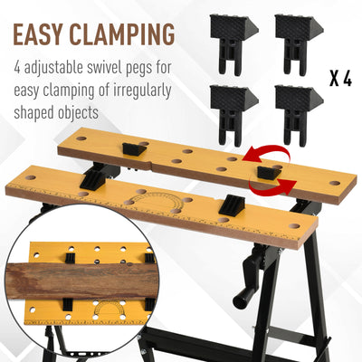 DURHAND 4-in-1 Work Bench, Saw Horse Folding Clamp Table w/ 4 Adjustable Clamping Pegs for DIY Home Garage, Black 