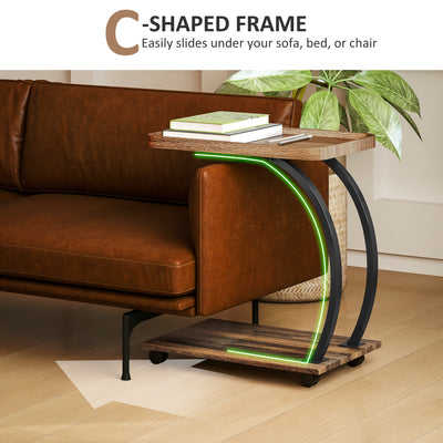 HOMCOM 2-Tier Mobile C-Shaped Side Table - Brown 