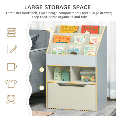 HOMCOM Kids Bookshelf, Toy Organiser, with Storage Drawer, Wheels - Grey 