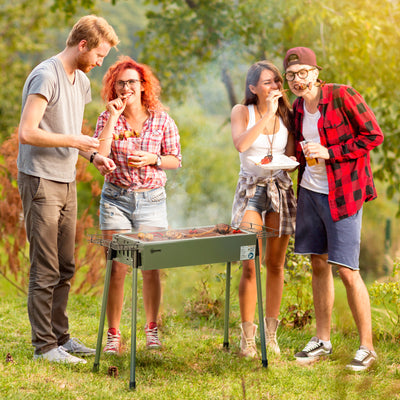 Outsunny Portable Charcoal Barbecue BBQ Grill with Seasoning Baskets and Hooks, Compact Stainless Steel Cooker for Camping Picnic Hiking Garden Party Festival 
