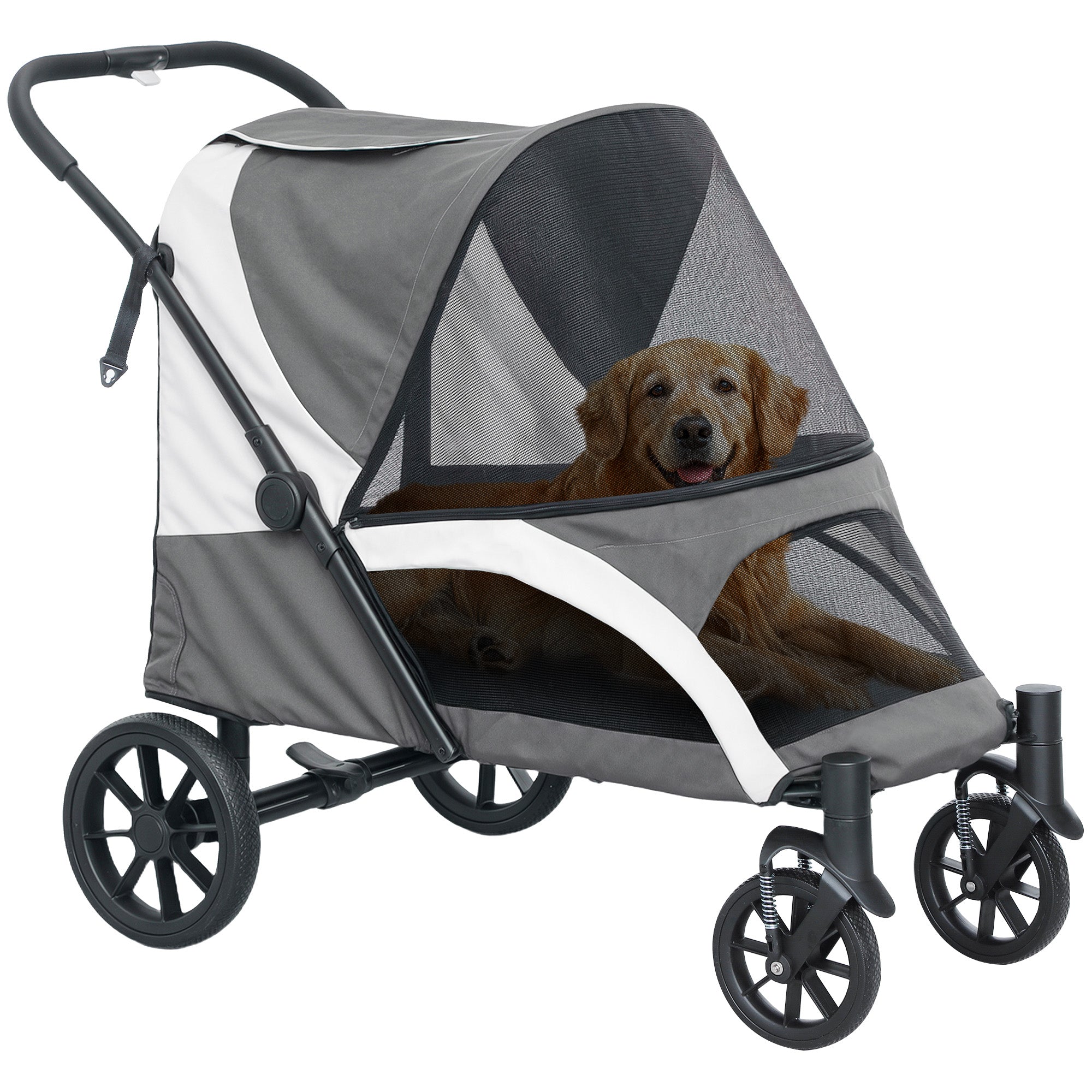 PawHut Easy Folding Pet Stroller for Large Dogs with 4 Big Wheels, Shock Absorb Frame, Safety Leashes, Brakes, Dark Grey 
