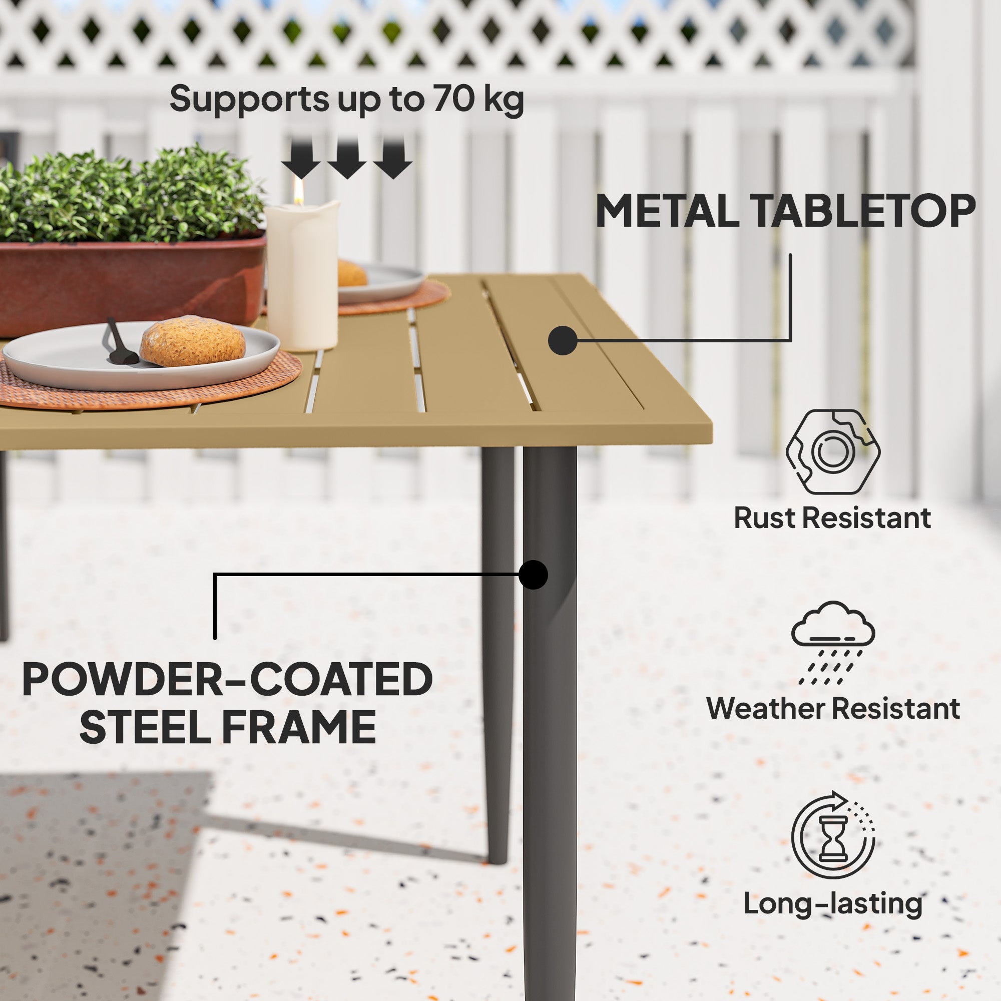 Outsunny Garden Dining Table for 6 Person, Rectangle Outdoor Coffee Table with 5 cm Parasol Hole, Slatted Tabletop and Steel Frame for Patio Balcony, Brown 